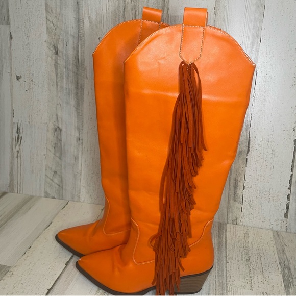 Knee High Faux Leather Tassel Fringe Pointed Toe Cowboy Boots- Orange Size 38 - Picture 3 of 16